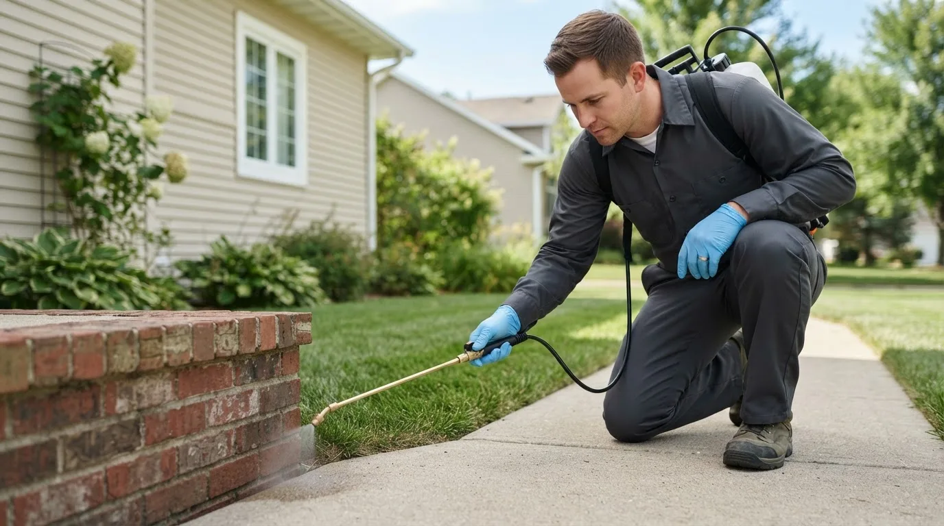 Pest control technician treating a home near West Roxbury, MA