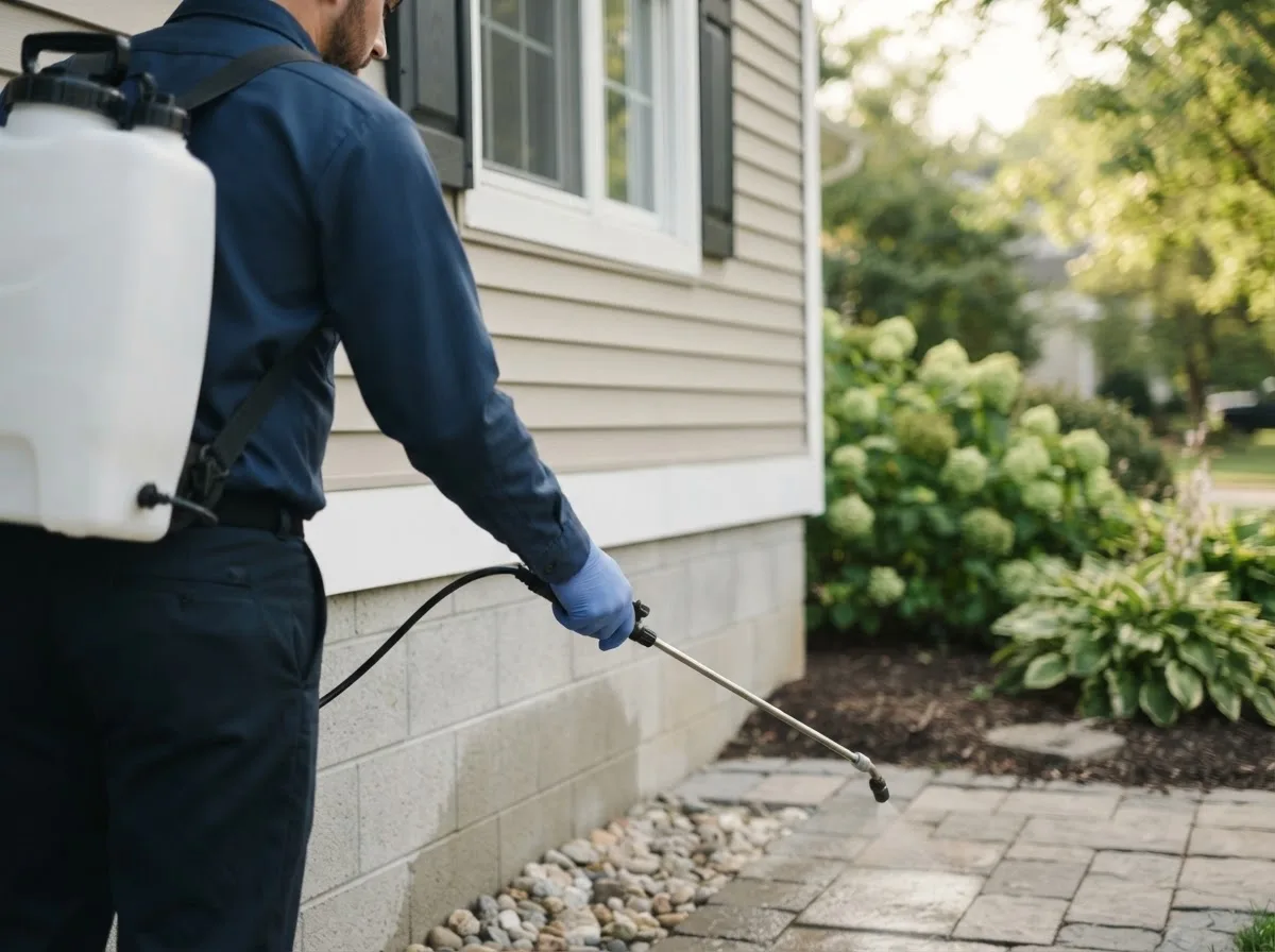 Pest control technician inspecting a home in West Roxbury, MA
